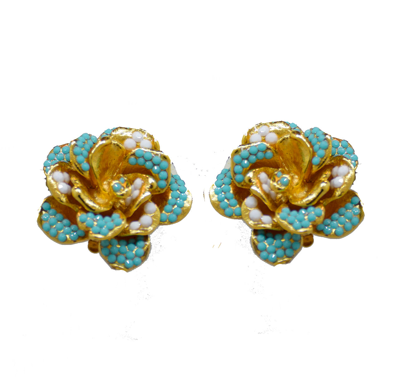 104  Gold rose with turquoise and pave stones clip earring