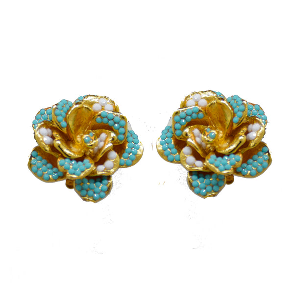 104  Gold rose with turquoise and pave stones clip earring