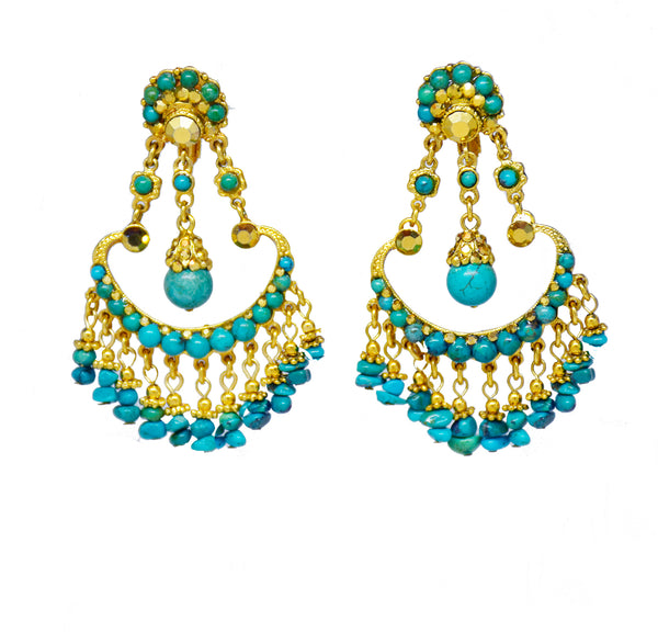 112 Gold chandelier clip earring with turquoise bead drops
