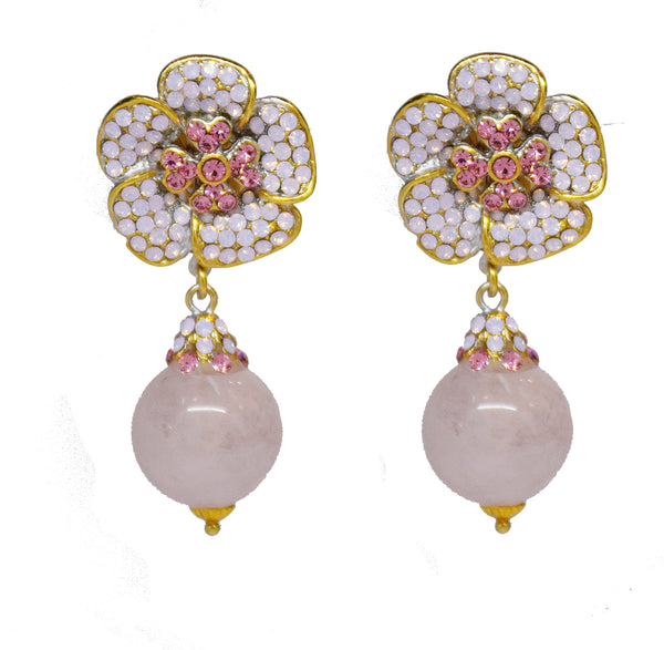 142  Gold and pink opal flower earring with pink quartz drop