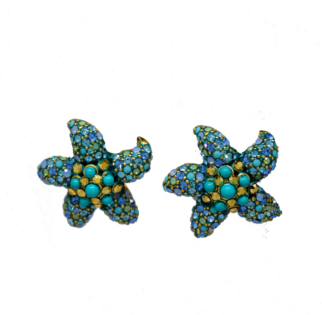 102  Aqua blue pave starfish button clip earring