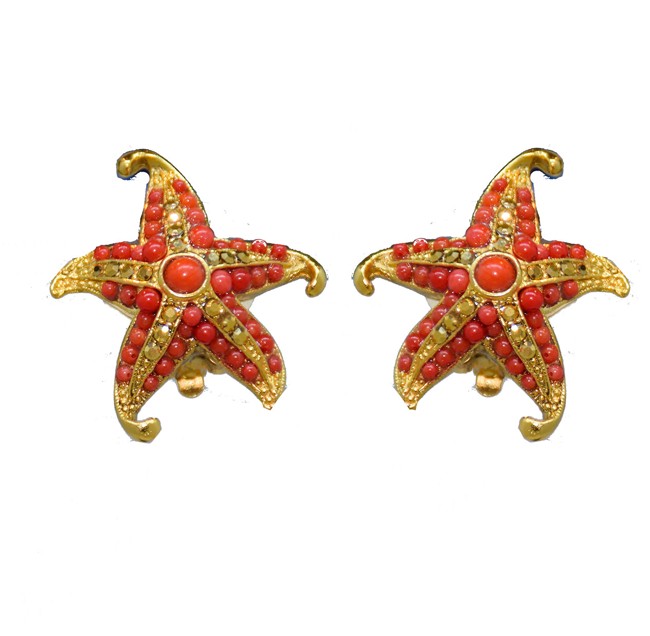 103 Gold and coral starfish clip earring