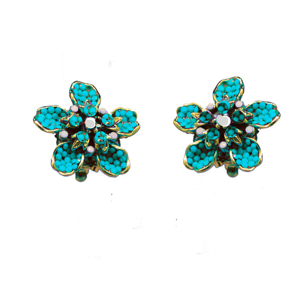 105 Gold pave flower clip earring with turquoise and white
