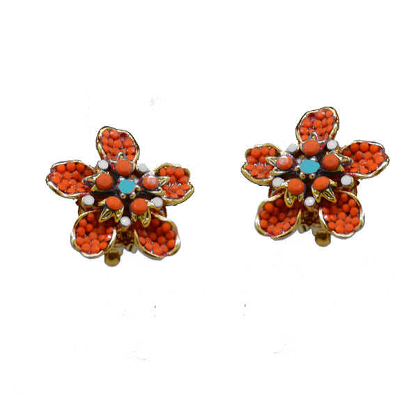 106 Gold pave flower clip earring with coral and turquoise