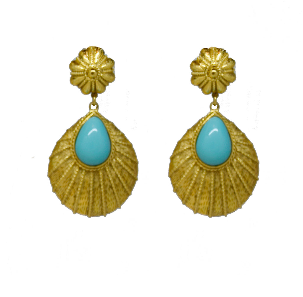 107 Textured 24 kt gold plated tear drop clip earring with turquoise stone