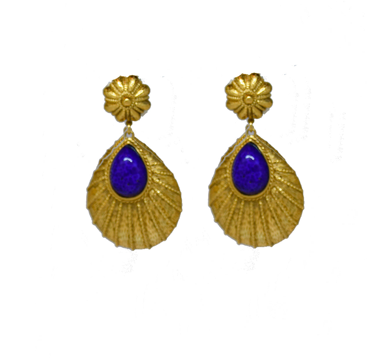 108 Textured 24 kt gold plated tear drop clip earring with navy stone