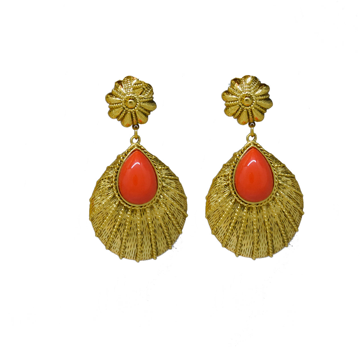 109 Textured 24 kt gold plated tear drop clip earring with coral stone