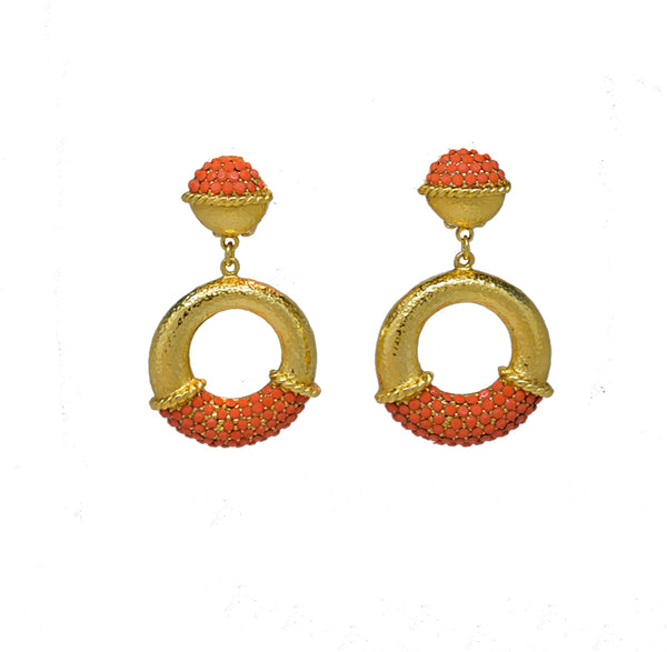 110 Hammered 24 kt gold plated hoop clip earring with coral pave stones