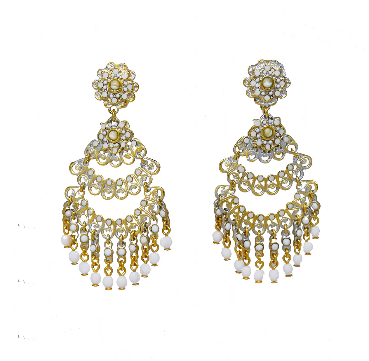 115  Gold filigree chandelier clip earring with white drops