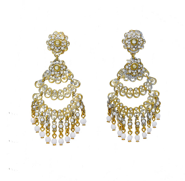 115  Gold filigree chandelier clip earring with white drops