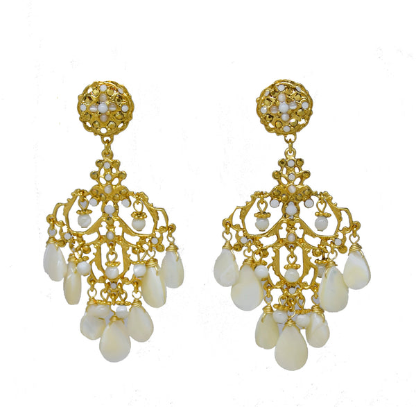 116 Open filigree chandelier clip earring mother of pearl drop