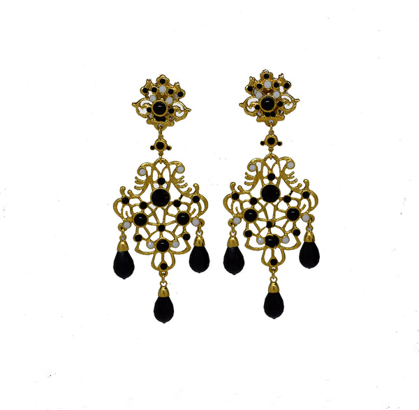 119 Gold scroll jet and white stones clip earring with drops