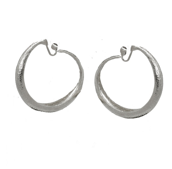 122  Silver hammered large hoop clip earring