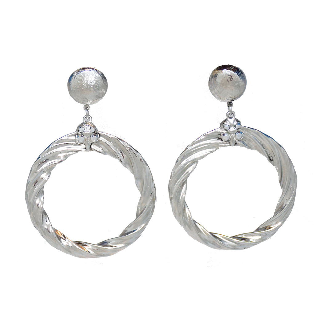 126  Silver hammered textured swirl drop hoop clip earring