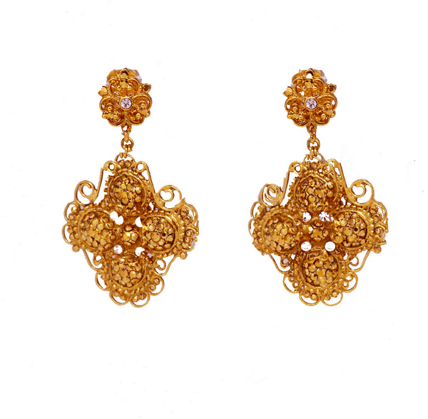 131  Gold filigree cross drop clip earring with crystal stones
