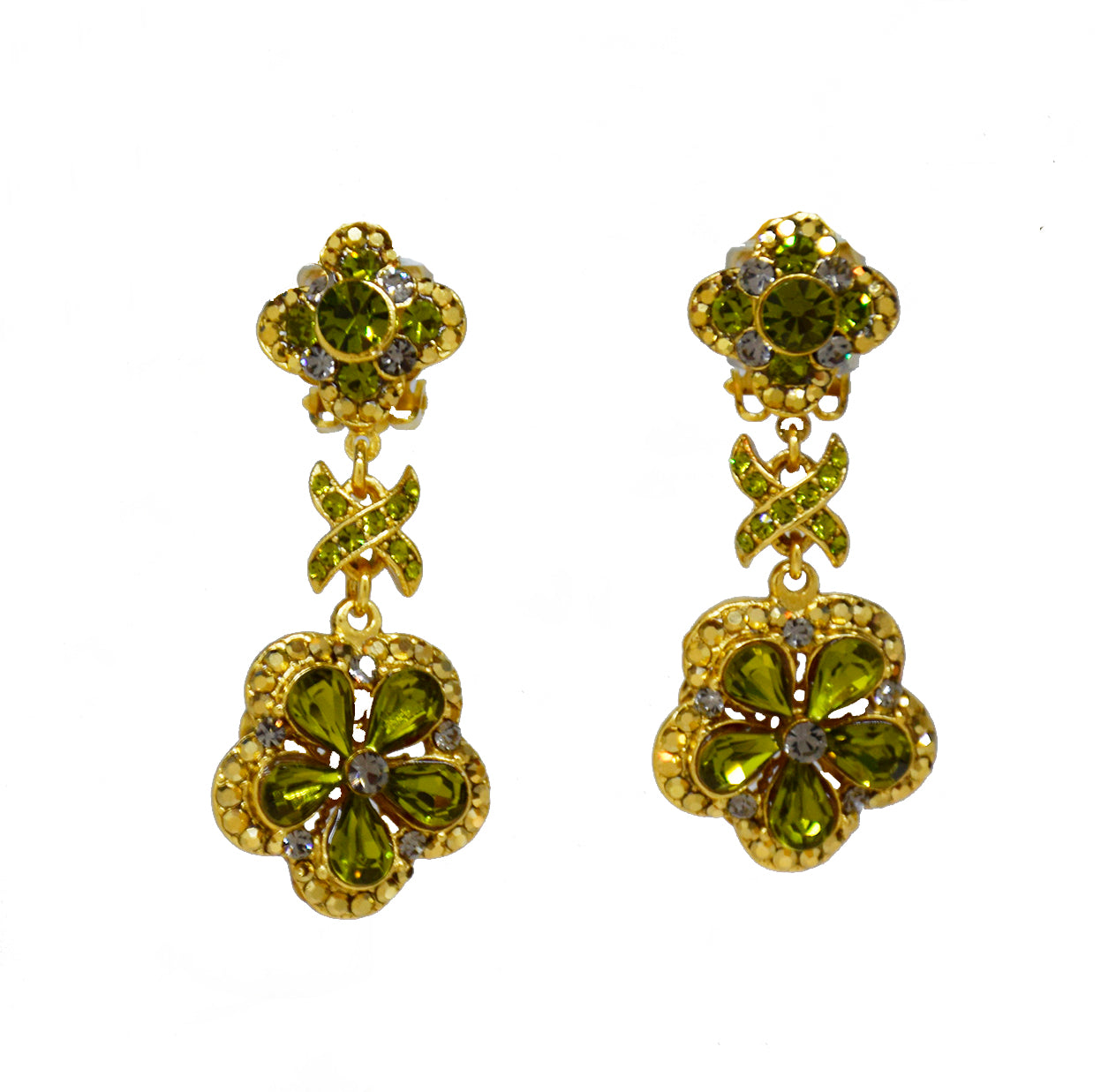 132  Small flower drop clip earring with gold olivine stone