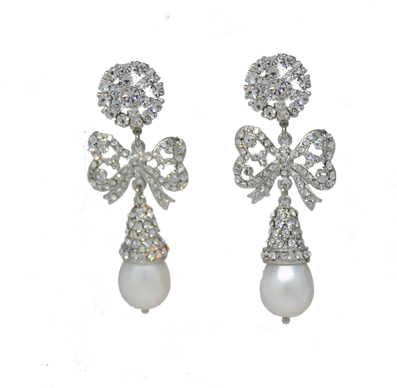 134  Silver and crystal pearl bow drop earring
