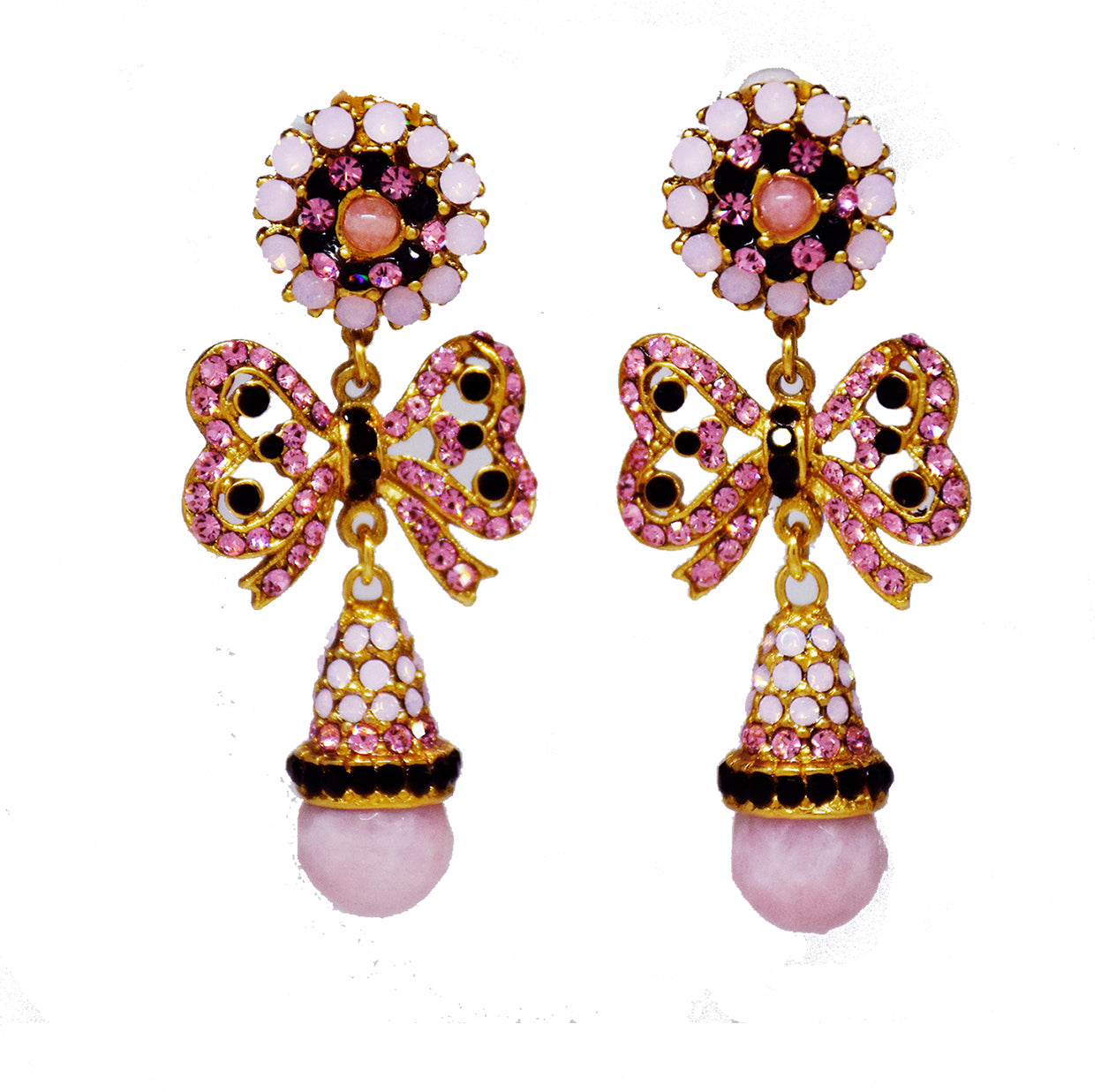 140 Gold pink and jet bow drop earring