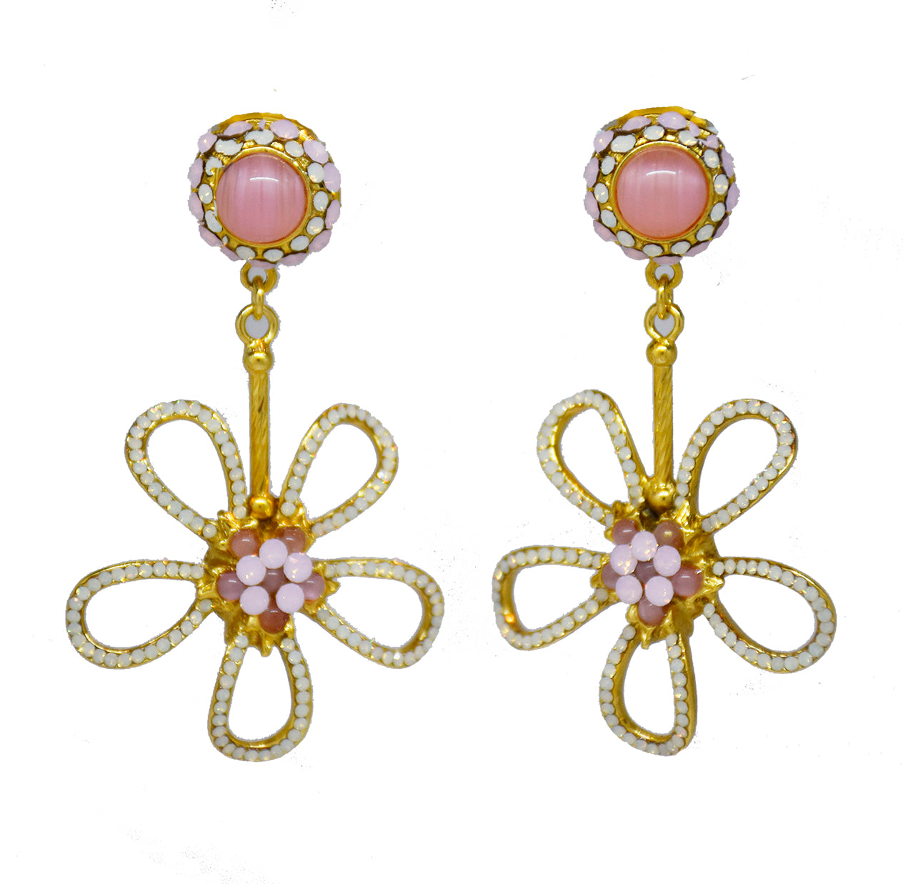 141   Gold and pink quartz open flower drop earring