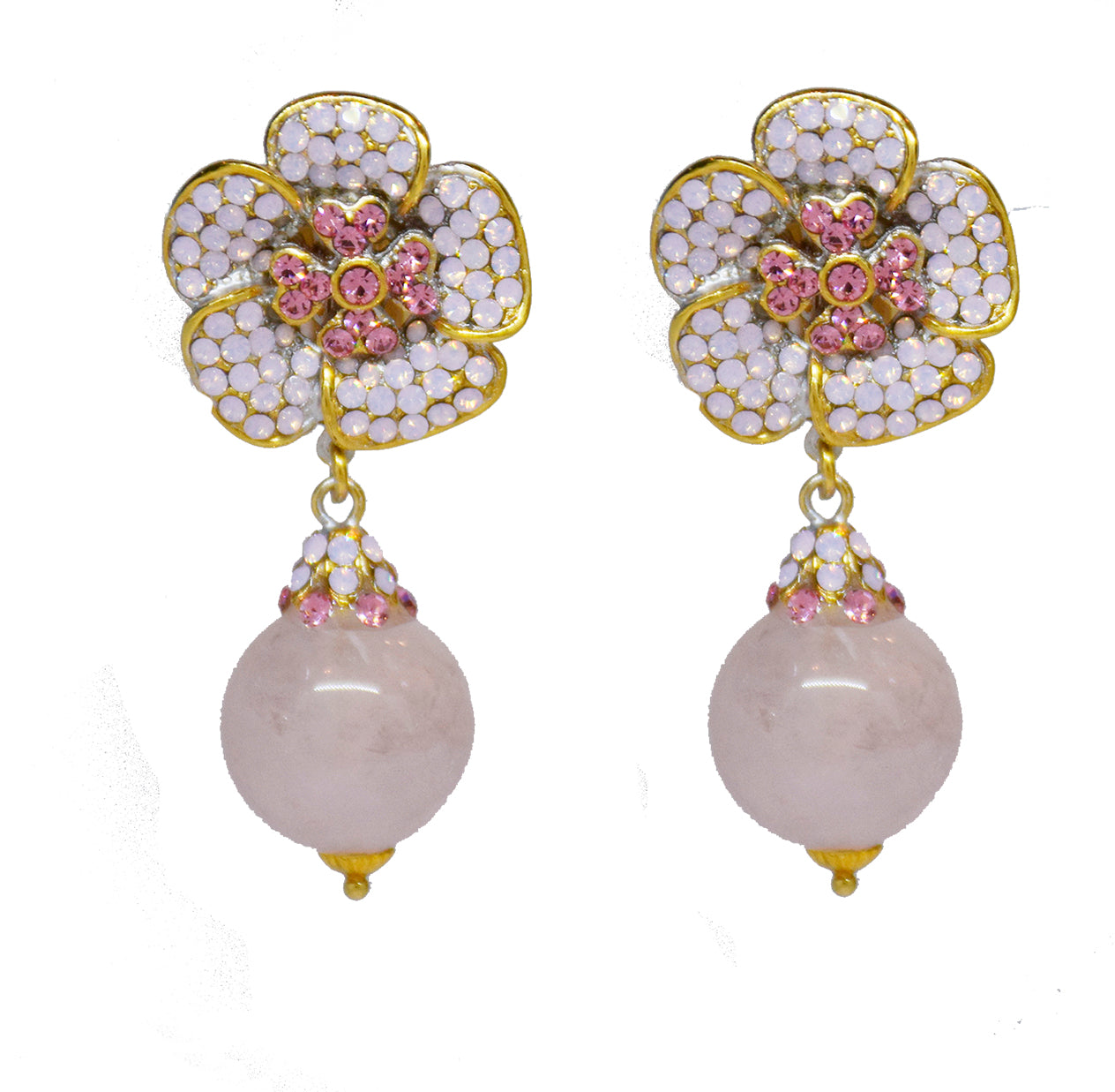 142  Gold and pink opal flower earring with pink quartz drop