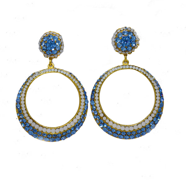 Gold hoop earring with lite sapphire and white opal pave 144