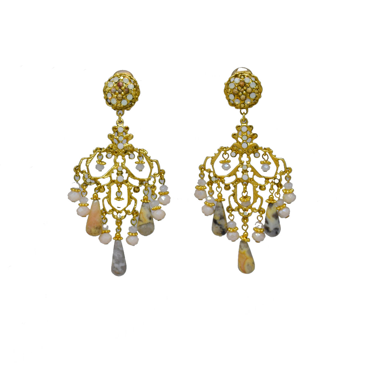 146  Gold and beige agate chandelier earring